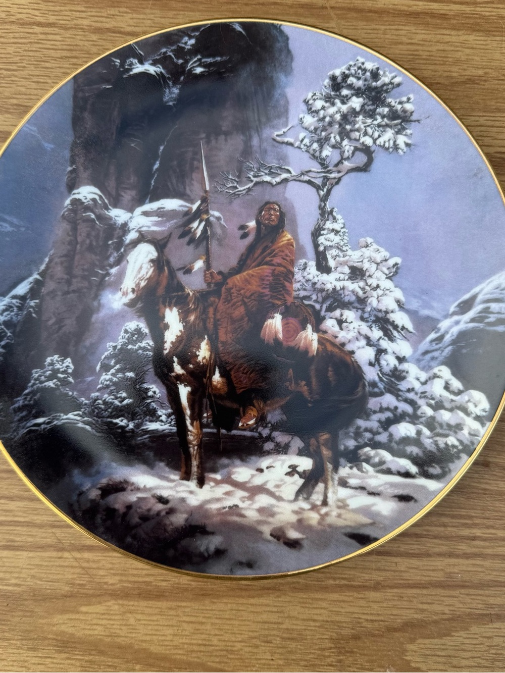 Decorative Native American Winter Scene Ceramic Plate - Brown & White